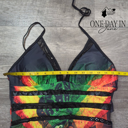 CharmLeaks Rasta Lion Print Halter One Piece Swimsuit Black Mesh NWT Size M
