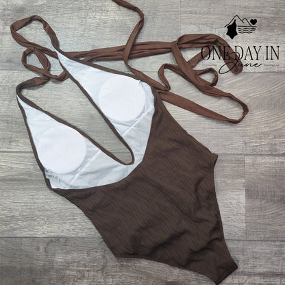 Zaful Deep V Tie Wrap One Piece Swimsuit Size S