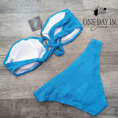 Zaful Textured Bandeau Bikini Set Blue O Ring Tie Back High Cut NWT Size M