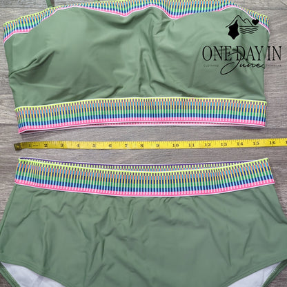 Adisputent High Waisted Crop Bikini Swimsuit Sage Green Rainbow Trim Size XL