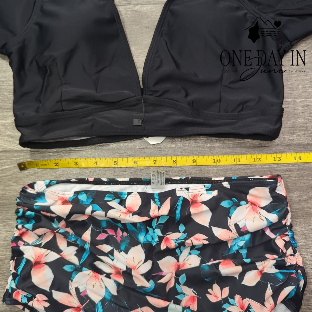 Sporlike Ruffle Shoulder High Waist Floral Bikini Swimsuit Black NWT Size M