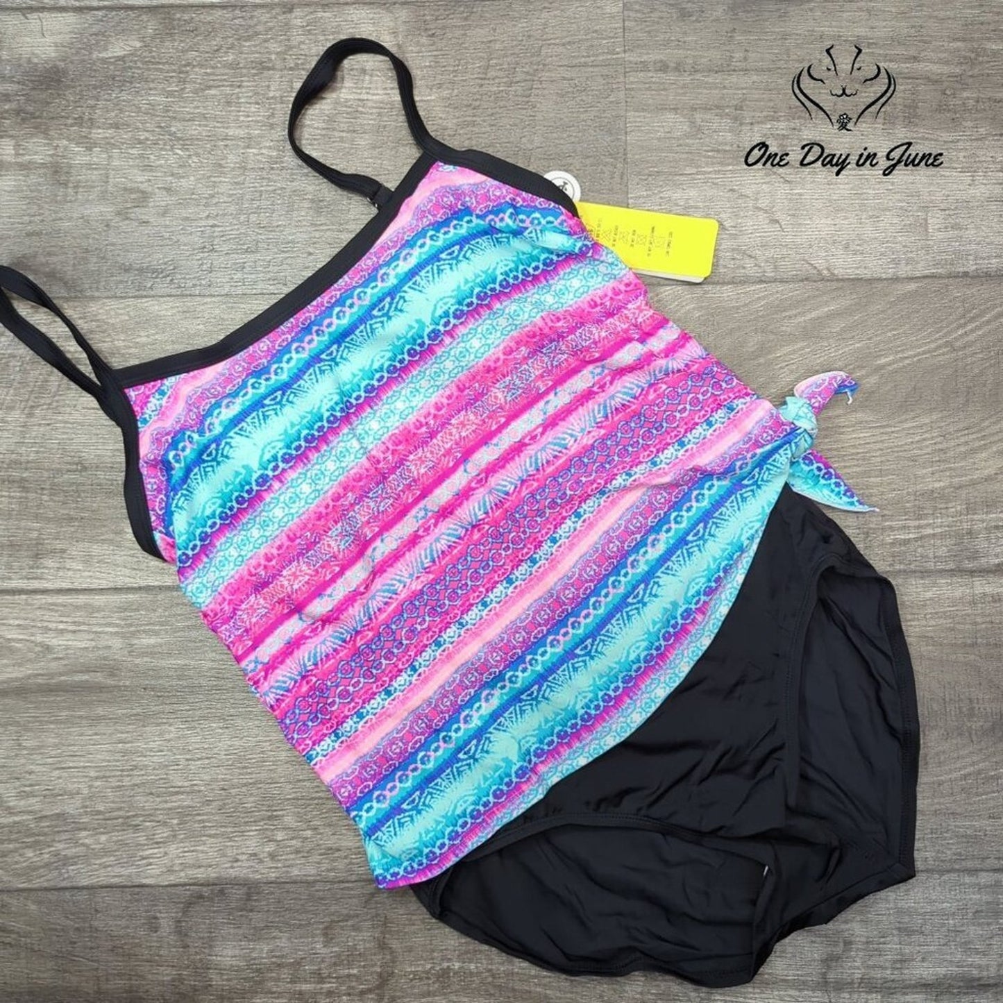 Sportswear Double Up Tankini Swimsuit Pink Blue Print Black NWT Size L