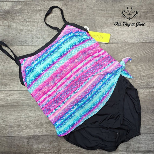 Sportswear Double Up Tankini Swimsuit Pink Blue Print Black NWT Size L