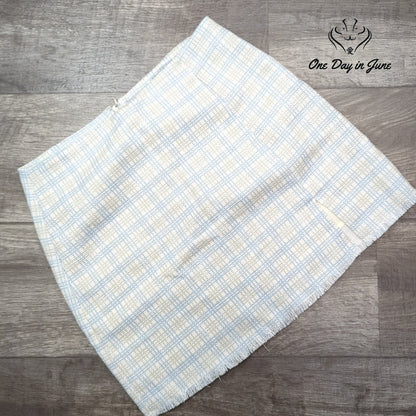 Dee Dee Blue White Plaid Tweed Lined A-Line Mini Skirt Size L