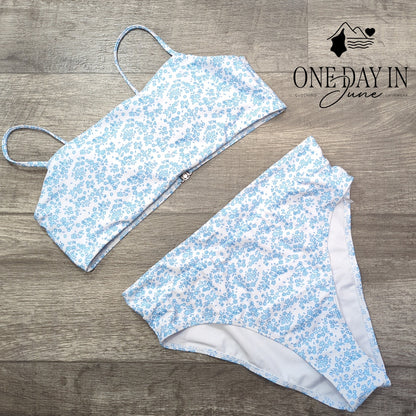 Adisputent Floral Bandeau Bikini Swimsuit Blue White High Waist Size M