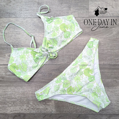 Aleumdr Floral Print Bikini Set Green White Ruched Tie Front 2 Piece Size S