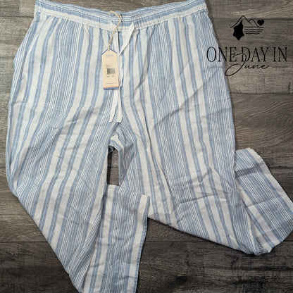 Casa Cabana Anita Cropped Linen Pants Blue White Stripe Drawstring NWT Size XL