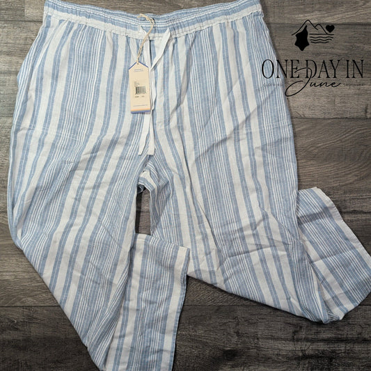 Casa Cabana Anita Cropped Linen Pants Blue White Stripe Drawstring NWT Size XL