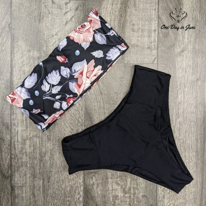 Omkagi Bandeau High Waist Bikini Womens Black Floral High Cut 2 Piece NWT Size L