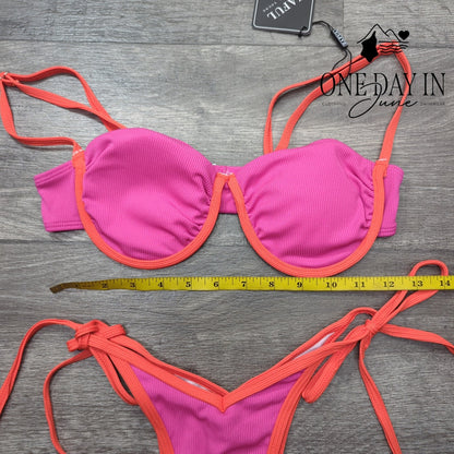 Zaful Ribbed Underwire High Cut Tie Side Bikini Pink Orange NWT Size S