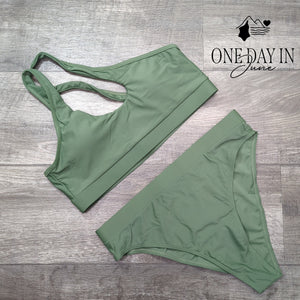 Pink Queen One Shoulder Crop Bikini Swimsuit Sage Green Size L