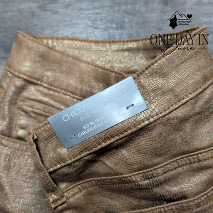 Chico's So Slimming Girlfriend Coated Gator Jeans Gold NWT Size Chico's 6T
