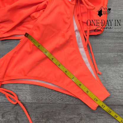 CharmLeaks Twist Front Bikini Swimsuit Neon Orange Tie Side 2 Piece Size S