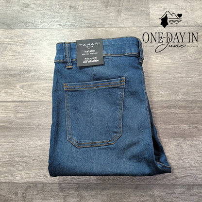 Tahari Petite Natalie Mid Rise Miniboot Jeans Seta Silk Denim NWT Size 12P
