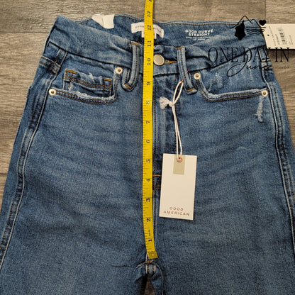 Good American Good Curve Straight Jeans Indigo338 Distressed NWT Size 00