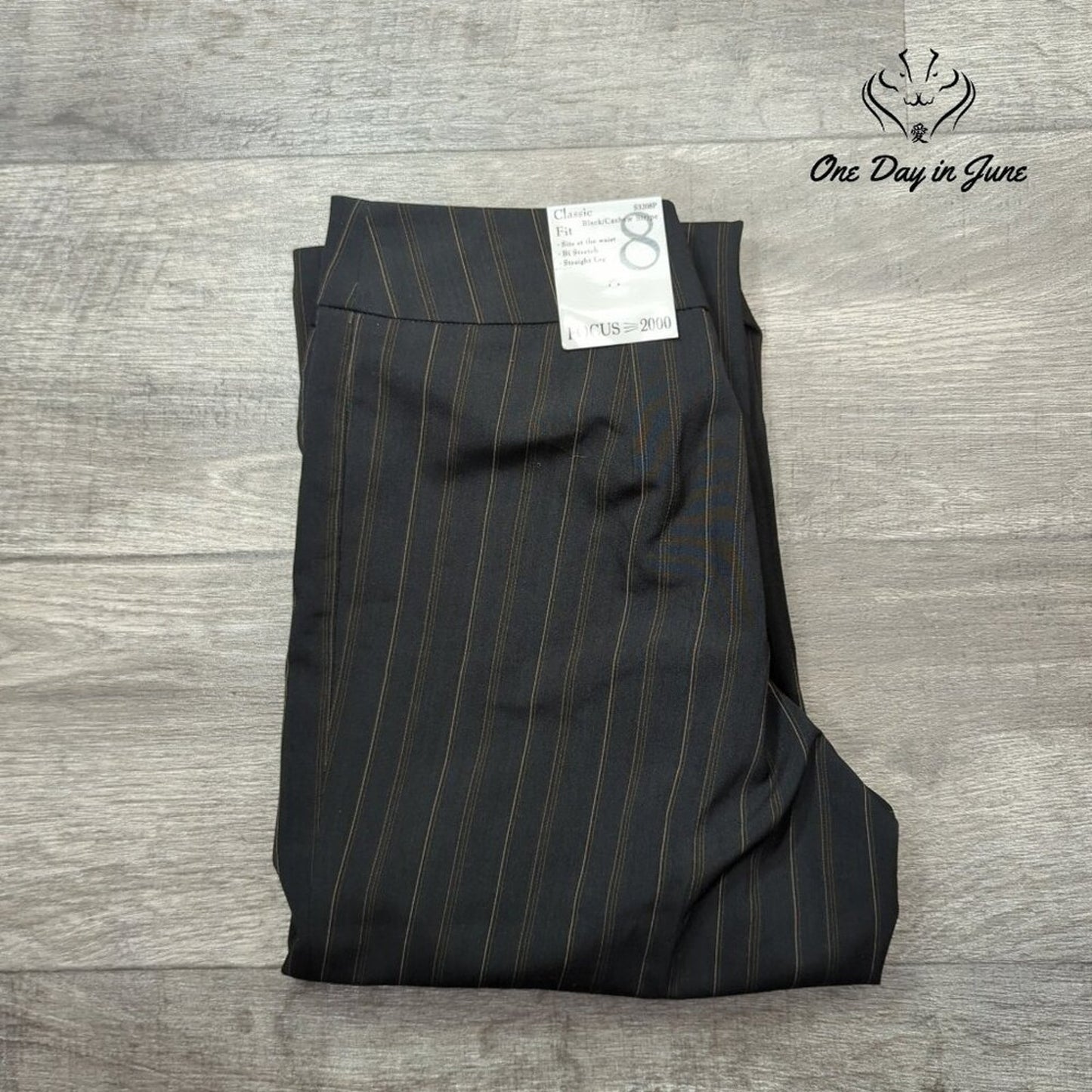 Focus 2000 Classic Fit Pinstripe Pants Black Brown Straight Leg NWT Size 8