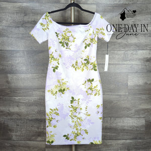 Calvin Klein Off Shoulder Floral Scuba Sheath Dress NWT $134 Lilac Size 6
