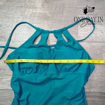 Cupshe High Neck One Piece Swimsuit Teal Ruched Cutout Tie Back NWT Size S