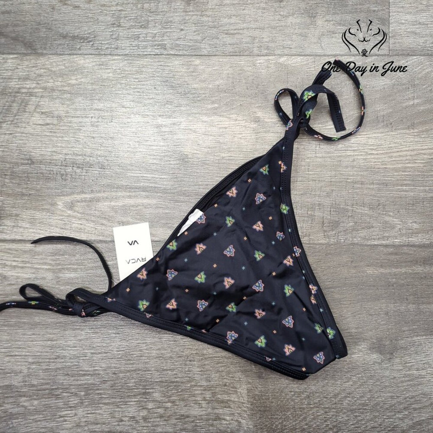 RVCA Foulard French Tie Side Bikini Bottom Black Print High Cut NWT Size M