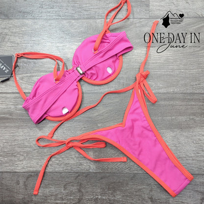 Zaful Ribbed Underwire High Cut Tie Side Bikini Pink Orange NWT Size S