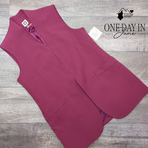 Anne Klein Sleeveless Longline Open Front Blazer Vest Burgundy NWT Size 12