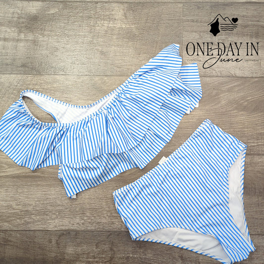 Vimpunec One Shoulder Ruffle High Waist Bikini Blue Stripe NWT Size M