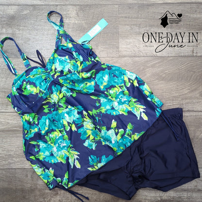 Septangle Floral Boyshort Tankini Swimsuit Blue Green Navy NWT Size 12