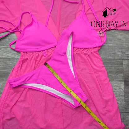 Adisputent 3 Piece Triangle Bikini Swimsuit Mesh Cover Up Hot Pink Size S