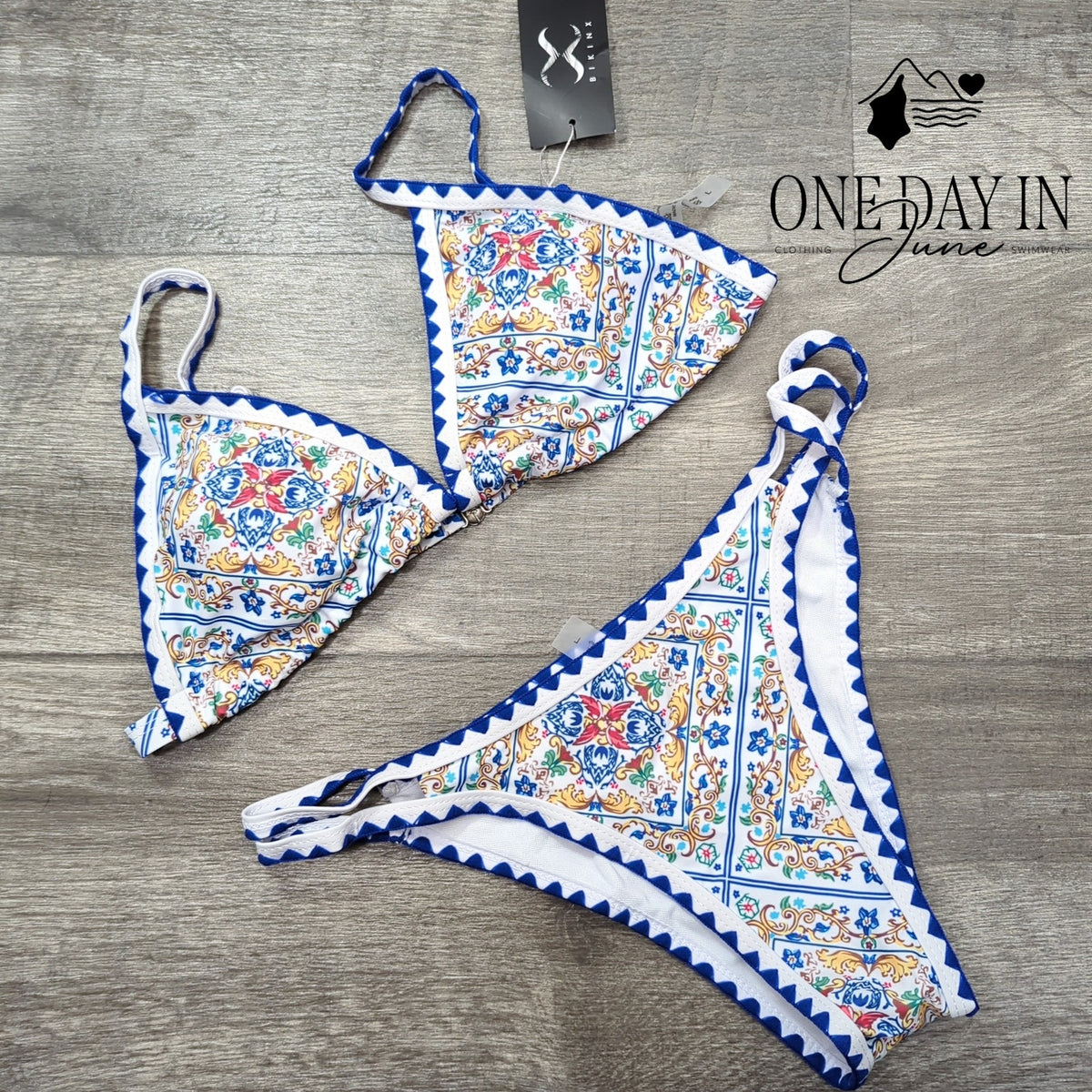 Bikinx Mediterranean Floral Triangle Cheeky Bikini Swimsuit Blue NWT Size L