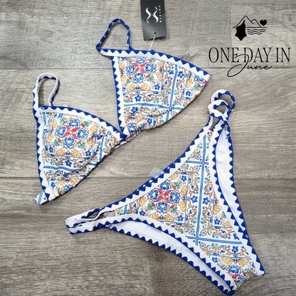 Bikinx Mediterranean Floral Triangle Cheeky Bikini Swimsuit Blue NWT Size L