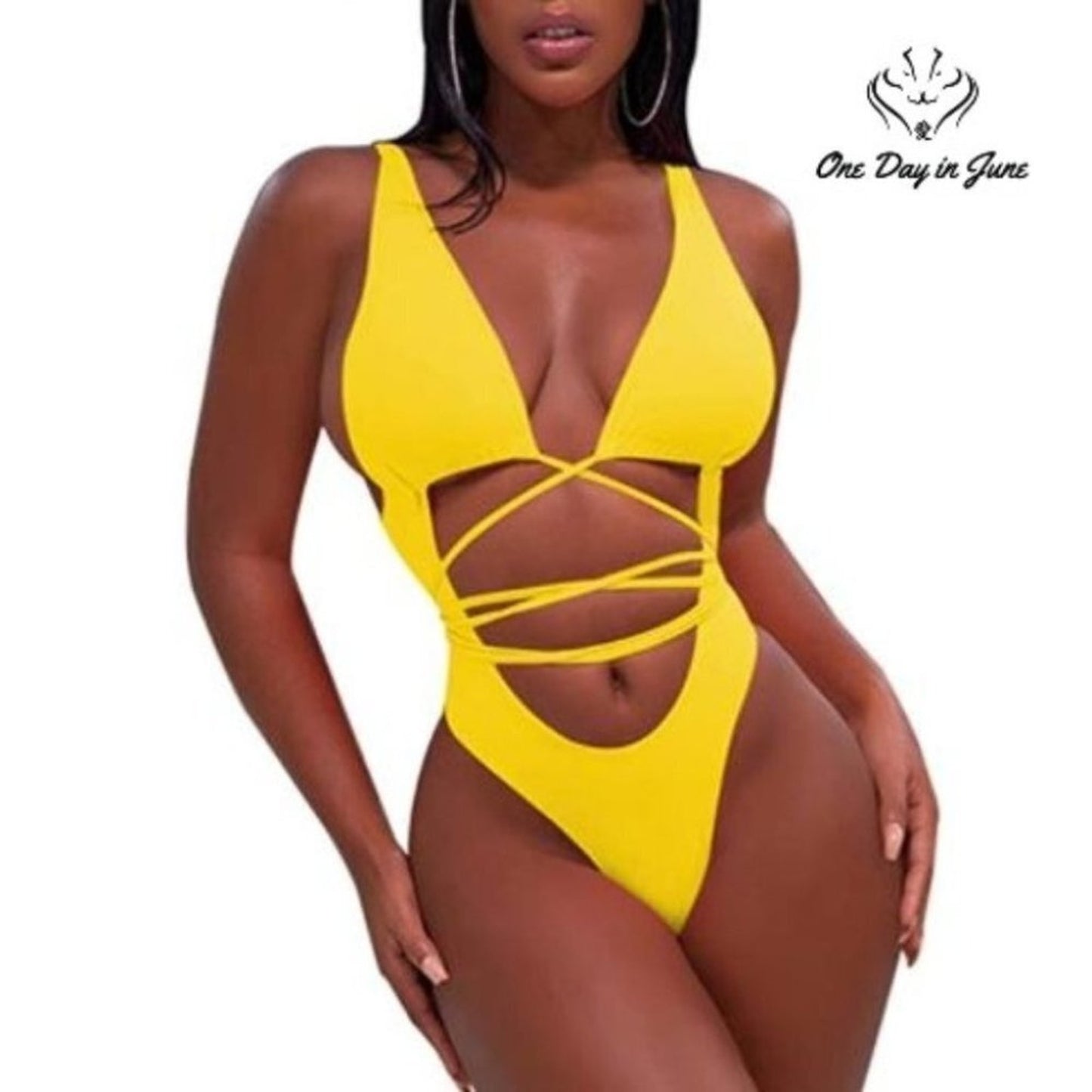 Sovoyontee One Piece Swimsuit Yellow Strappy Cutout Cheeky Plunge NWT Size XL