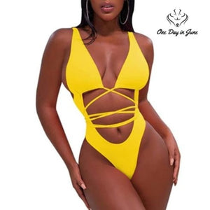 Sovoyontee One Piece Swimsuit Yellow Strappy Cutout Cheeky Plunge NWT Size XL