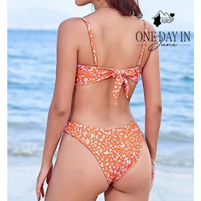 Zaful Floral Underwire Bikini Set Orange White Tie Back High Cut NWT Size L