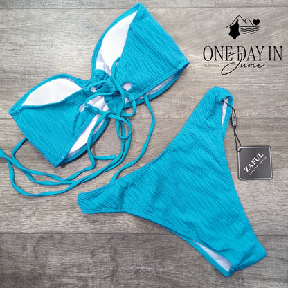 Zaful Textured Bandeau Bikini Swimsuit Turquoise Blue Ruched NWT Size S