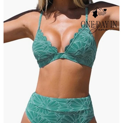 Cupshe Textured Floral Bikini Swimsuit Green Scallop High Waist NWT Size L