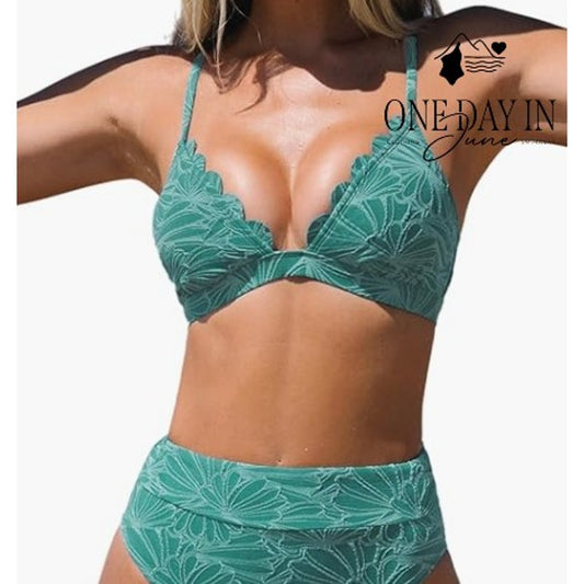Cupshe Textured Floral Bikini Swimsuit Green Scallop High Waist NWT Size L