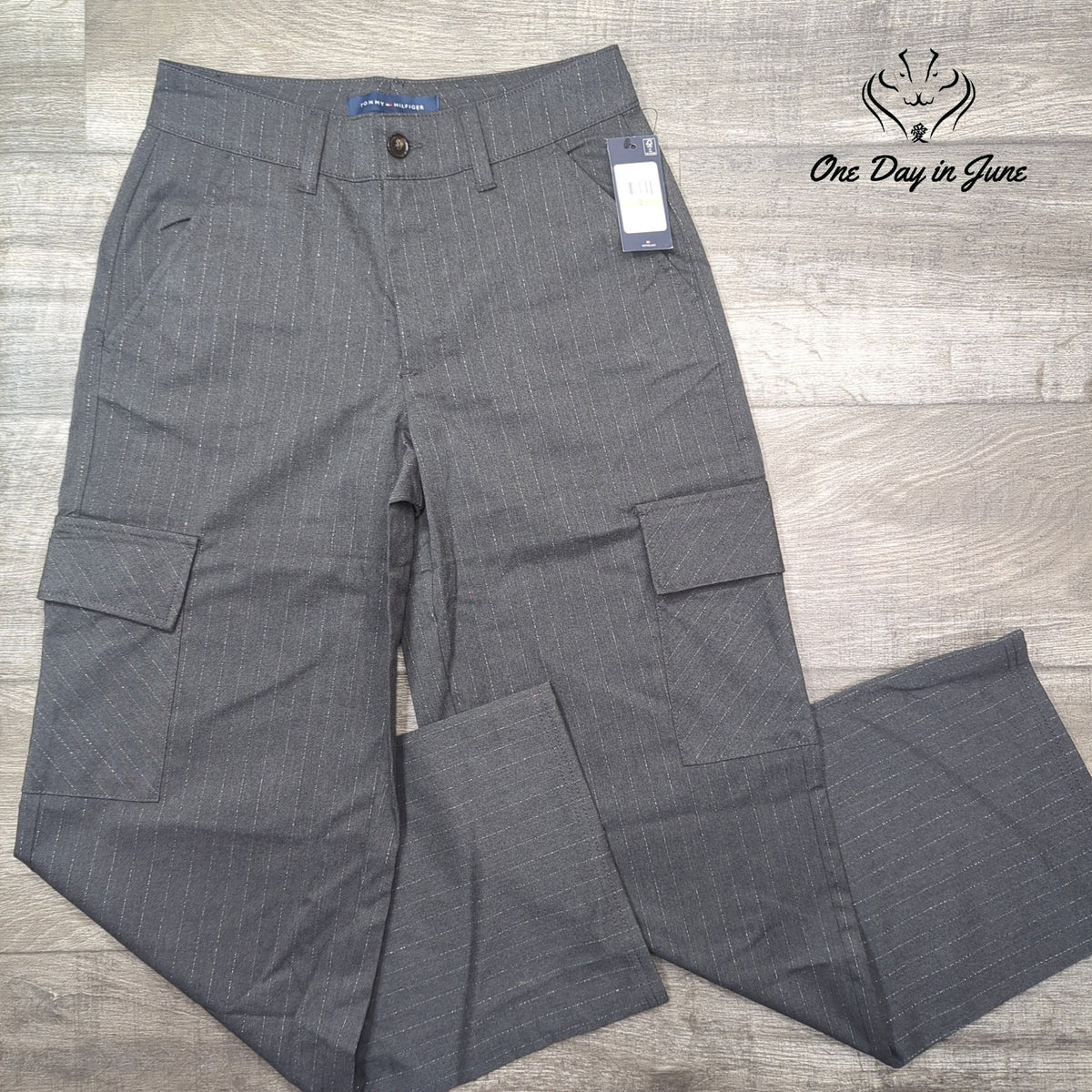 Tommy Hilfiger Metallic Pinstripe Wide Leg Cargo Pants Gray NWT Size 2