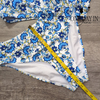 Aimage NWT Floral Crop Bikini Swimsuit Blue White High Waist 2 Piece Size M