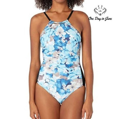 Calvin Klein Solid High Neck Pleated One Piece Swimsuit Size 8