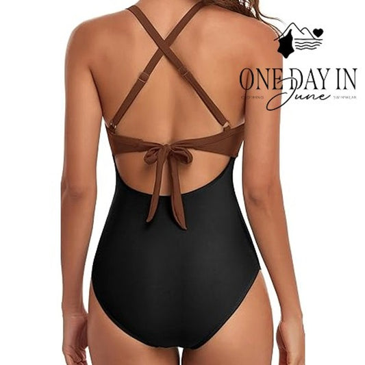 Eomenie Cross Front Cut Out One Piece Swimsuit Brown Black NWT Size S