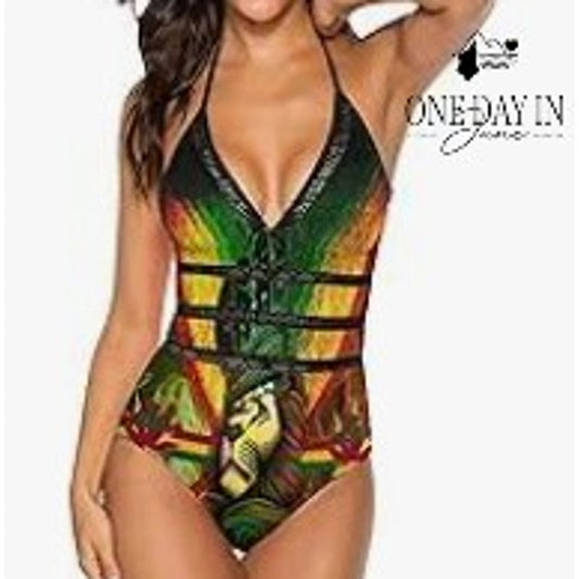 CharmLeaks Rasta Lion Print Halter One Piece Swimsuit Black Mesh NWT Size M