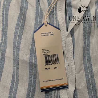 Casa Cabana Anita Cropped Linen Pants Blue White Stripe Drawstring NWT Size XL