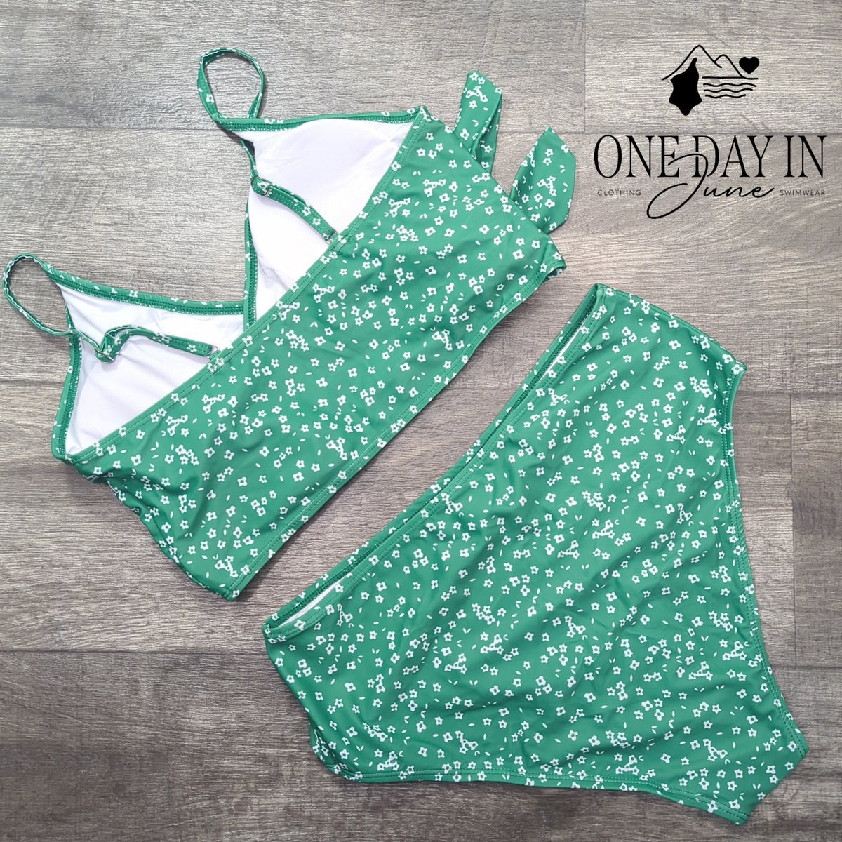 CharmLeaks Floral Crop Tie Front High Waist Bikini Green White Size XL