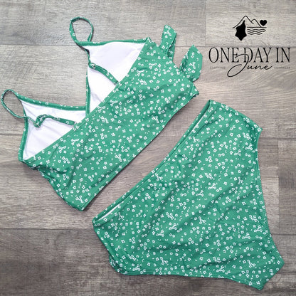 CharmLeaks Floral Crop Tie Front High Waist Bikini Green White Size XL