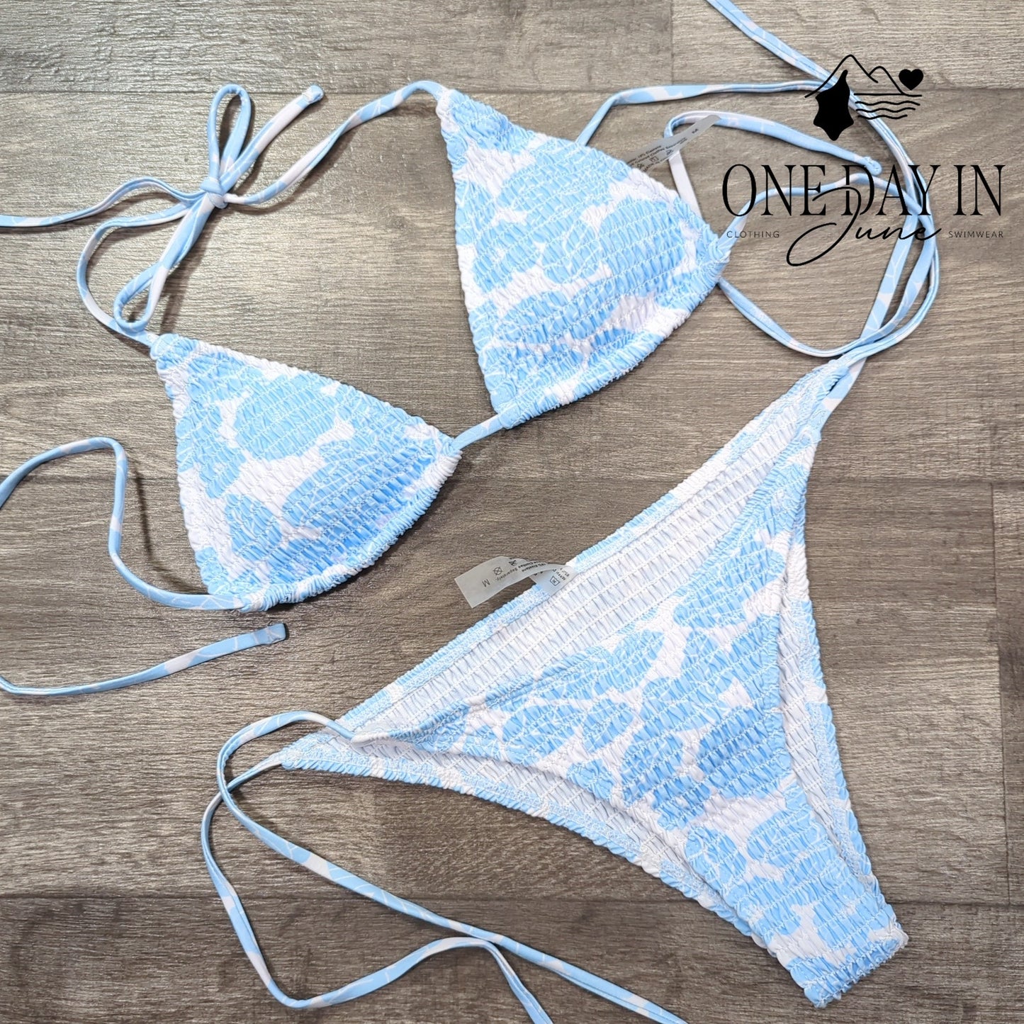 Charmo Smocked Tie Side Triangle Bikini Swimsuit Size M