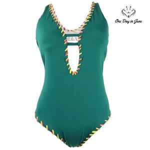 Becca Camille Reversible One Piece Swimsuit Teal White Whipstitch NWT Size S