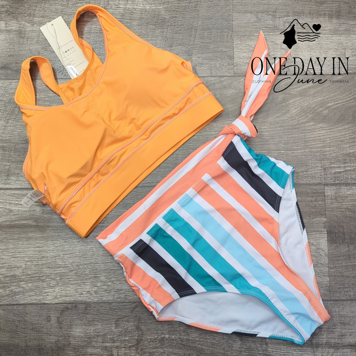 Dokotoo Orange Crop Top High Waist Striped Tie Side Bikini Swimsuit NWT Size S