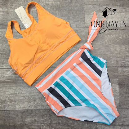 Dokotoo Orange Crop Top High Waist Striped Tie Side Bikini Swimsuit NWT Size S