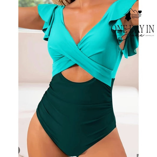 B2Prity Cross Front Cut Out Ruffle Shoulder One Piece Swimsuit Size M