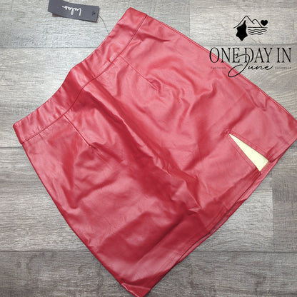 Lulus Faux Leather Mini Skirt Red High Waist Side Slit Vegan Leather NWT Size S